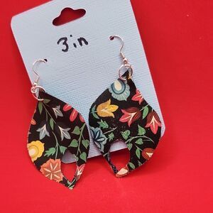 Hand Crafted Dangle Earring  Faux Leather Floral Patterned